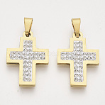 201 Stainless Steel Pendants, with Random Size Snap On Bails and Polymer Clay Crystal Rhinestones, Cross, Golden, 24x17x2~3mm, Hole: 7~10x3~5mm(X-STAS-N089-94G)