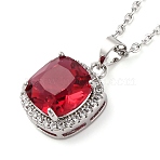 Square Brass Pave Cubic Zirconia Pendant Necklaces for Women, 304 Stainless Steel Cable Chain Necklaces, Stainless Steel Color, FireBrick, 17.72 inch(45cm)(NJEW-G156-02P-09)
