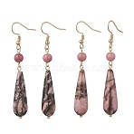 Teardrop Natural Rhodonite & Rhodochrosite Dangle Earrings, with 304 Stainless Steel Earring Findings, Golden, 65x10mm(EJEW-JE06840)