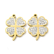 304 Stainless Steel Pendants, with Polymer Clay Crystal Rhinestone, Clover Charms, Real 18K Gold Plated, 15.5x12x1.8mm, Hole: 1mm(STAS-L278-031G)