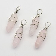 Faceted Bullet Platinum Plated Brass Gemstone Double Terminated Pointed Pendants, Rose Quartz, 38~42x8~9mm, Hole: 3~6mm(G-J265-04)
