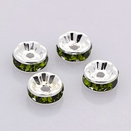 Brass Rhinestone Spacer Beads, Grade A, Straight Flange, Silver Color Plated, Rondelle, Olivine, 6x3mm, Hole: 1mm(RB-A014-Z6mm-09S)
