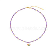 Natural Amethyst Beaded Necklaces, with Golden Plated Metal Eye Charms, 15.75 inch(40cm), Charm: 13.7x13.8mm(EK5559-3)