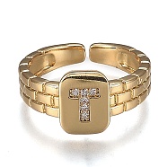 Brass Micro Pave Clear Cubic Zirconia Cuff Rings, Open Rings, Cadmium Free & Lead Free, Rectangle, Golden, Letter.T, US Size 6 1/4, Inner Diameter: 16.8mm(RJEW-H538-02G-T)