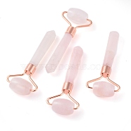 Natural Rose Quartz Massage Tools, Facial Rollers, with Brass Findings, Rose Gold, 95x40x18mm(G-F697-G01)