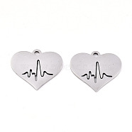 201 Stainless Steel Charms, Laser Cut, Heart with HeartBeat, Stainless Steel Color, 14x16.5x0.9mm, Hole: 1.5mm(STAS-S081-087)