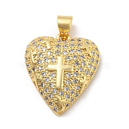 Brass Cubic Zirconia Pendants, with Jump Ring, Real 18K Gold Plated, Long-Lasting Plated, Lead Free & Cadmium Free, Heart, Cross, 21x18x5.5mm, Hole: 5x3.5mm(KK-Z027-12G-02)