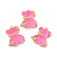Transparent Resin Crystal Rhinestone Pendants, Bear Charms, with Rack Plating Real 14K Gold Plated Brass Findings, Long-Lasting Plated, Cadmium Free & Lead Free, Hot Pink, 23.5x20.5x8mm, Hole: 1.5mm(KK-H438-04G-07)