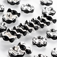 Brass Rhinestone Spacer Beads, Grade A, Black, Silver Color Plated, Nickel Free, Size: about 8mm in diameter, 3.8mm thick, hole: 1.5mm(RSB030NF-04)