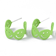 Spray Painted Eco-Friendly Iron Stud Earrings, Half Hoop Earrings, with Raw(Unplated) Pins, Smile Face, Cadmium Free & Nickel Free & Lead Free, Lawn Green, 18~21x21~23x11mm, Pin: 0.7mm(X-IFIN-R242-12A-NR)