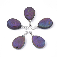 Electroplate Natural Druzy Geode Agate Pendants, with Brass Findings, teardrop, Platinum, Colorful, 21~22x13.5x6.5~7mm, Hole: 4.5x4mm(G-S344-63C)