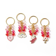4Pcs Heart/Rainbow/Mermaid/Mushroom Alloy Enamel Pendant Keychain, with Acrylic Beads, for Car Bag Pendant Decoration Key Chain, Deep Pink, 7cm(KEYC-JKC00412-02)