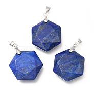 Faceted Natural Lapis Lazuli Pendants, with Platinum Tone Brass Findings, Hexagon, 28x25x9mm, Hole: 4x5mm(G-F340-03B)
