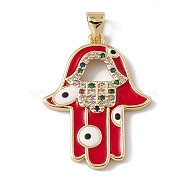 Brass Micro Pave Colorful Cubic Zirconia Enamel Pendants, Cadmium Free & Nickel Free & Lead Free, Rack Plating, Hamsa Hand with Eye Pattern, Real 18K Gold Plated, 28x21x3mm, Hole: 3.5x5mm(KK-G439-56G)