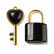 Natural Obsidian Pendants, Heart Key & Lock Charms with Golden Plated Alloy Findings, 32.5~38x20~17x6~7mm, Hole: 1.8~2mm, 2pcs/set(G-H308-07G-03)