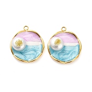 304 Stainless Steel Enamel  Pendants, with Glitter Powder and ABS Imitation Pearl, Flat Round Charm, Ion Plating(IP), Real 18K Gold Plated, Violet, 21x19x7mm, Hole: 1.8mm(STAS-B084-06G-03)