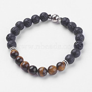 Natural Lava Rock Beads Stretch Bracelets, with Natural Tiger Eye, Magnetic Clasp and Alloy Findings, 7-5/8 inch(195mm)(BJEW-I241-13K)