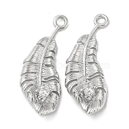 Brass Pendant with Glass, Feather Charms, Real Platinum Plated, 21.5x8x2.5mm, Hole: 1.4mm(KK-H460-29P)