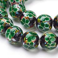 Handmade Inner Flower Lampwork Beads Strands, Round, Green, 12mm, Hole: 2mm, 30pcs/strand, 12.3 inch(LAMP-L072-B06)