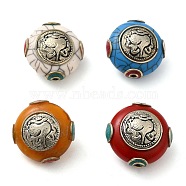 Handmade Tibetan Style Beads, with Synthetic Turquoise & Imitation Beeswax & Brass Findings, Flat Round, Mixed Color, 27~28.5x27~29x18.5~19mm, Hole: 1.5~1.6mm(TIBEB-G014-05)