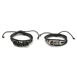 PU Imitation Leather Cord Triple Layer Multi-strand Bracelets, Alloy Links Bracelets, Mixed Shapes, Inner Diameter: 2-1/4~3-3/4 inch(5.7~9.5cm)(BJEW-P329-05)