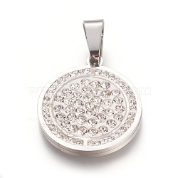 304 Stainless Steel Pendants, with Polymer Clay Crystal Rhinestone, Flat Round, Stainless Steel Color, 20.5x18x2.5mm, Hole: 7.5x4mm(STAS-I131-04P)
