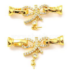 Brass Micro Pave Clear Cubic Zirconia Fold Over Clasps, Cadmium Free & Lead Free, Bowknot, Golden, 35mm, Bowknot: 22x19.5x4mm, Pin: 0.7mm, Clasp: 12x5.5x6.5mm, Hole: 4.5mm(KK-G420-13G)