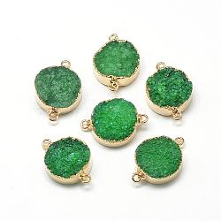Natural Druzy Agate Links connectors, with Brass Findings, Dyed, Flat Round, Sea Green, 29x20x9~13mm, Hole: 2mm(G-Q500-04)