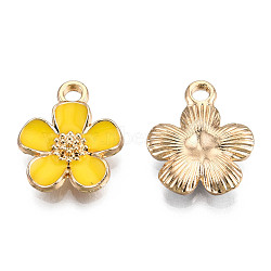 Eco-Friendly Zinc Alloy Pendants, with Enamel, Cadmium Free & Nickel Free & Lead Free, 5- Petal Flower, Light Gold, Gold, 16x13x3mm, Hole: 1.8mm(FIND-N048-44K-NR)