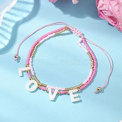 Adjustable Glass Seed Beaded Multi-strand Bracelets, with Natural Freshwater Shell Beads & Brass Beads & Word Love, for Valentine's Day, Pink, 2~3-3/4 inch(5~9.5cm)(BJEW-MZ00137)