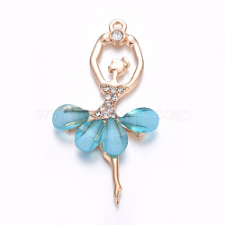 Resin Big Pendants, with Golden Plated Alloy Findings and Rhinestone, Ballet Girl, Sky Blue, 60x31x4mm, Hole: 2mm(ALRI-WH0004-A04)