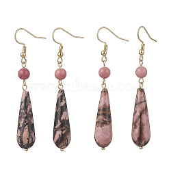 Teardrop Natural Rhodonite & Rhodochrosite Dangle Earrings, with 304 Stainless Steel Earring Findings, Golden, 65x10mm(EJEW-JE06840)