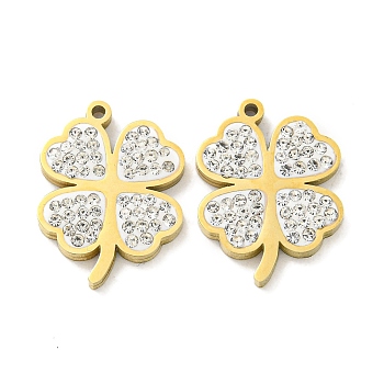 304 Stainless Steel Pendants, with Polymer Clay Crystal Rhinestone, Clover Charms, Real 18K Gold Plated, 15.5x12x1.8mm, Hole: 1mm