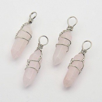 Faceted Bullet Platinum Plated Brass Gemstone Double Terminated Pointed Pendants, Rose Quartz, 38~42x8~9mm, Hole: 3~6mm