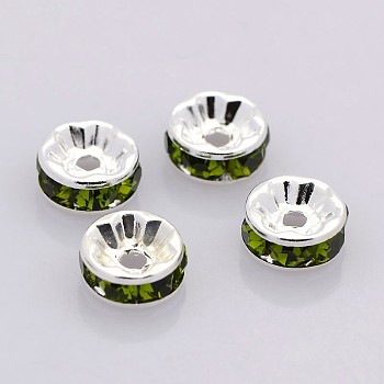 Brass Rhinestone Spacer Beads, Grade A, Straight Flange, Silver Color Plated, Rondelle, Olivine, 6x3mm, Hole: 1mm