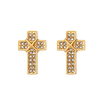 Cross Stainless Steel Crystal Rhinestone Stud Earrings for Women, Golden