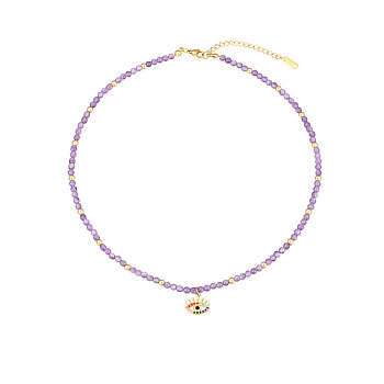 Natural Amethyst Beaded Necklaces, with Golden Plated Metal Eye Charms, 15.75 inch(40cm), Charm: 13.7x13.8mm