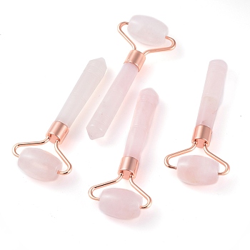Natural Rose Quartz Massage Tools, Facial Rollers, with Brass Findings, Rose Gold, 95x40x18mm