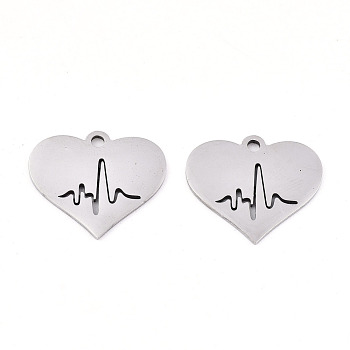 201 Stainless Steel Charms, Laser Cut, Heart with HeartBeat, Stainless Steel Color, 14x16.5x0.9mm, Hole: 1.5mm