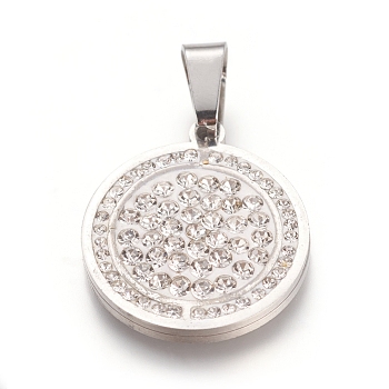 304 Stainless Steel Pendants, with Polymer Clay Crystal Rhinestone, Flat Round, Stainless Steel Color, 20.5x18x2.5mm, Hole: 7.5x4mm