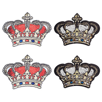 4Pcs 2 Styles Crown Shape Computerized Embroidery Cloth Iron On/Sew On Patches, Sequin/Paillette Appliques, Costume Accessories, Mixed Color, 176~196x242~275x0.9~1mm, 2pcs/style