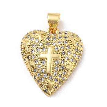 Brass Cubic Zirconia Pendants, with Jump Ring, Real 18K Gold Plated, Long-Lasting Plated, Lead Free & Cadmium Free, Heart, Cross, 21x18x5.5mm, Hole: 5x3.5mm