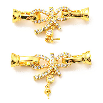Brass Micro Pave Clear Cubic Zirconia Fold Over Clasps, Cadmium Free & Lead Free, Bowknot, Golden, 35mm, Bowknot: 22x19.5x4mm, Pin: 0.7mm, Clasp: 12x5.5x6.5mm, Hole: 4.5mm