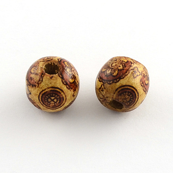 Round Printed Natural Maple Wood Beads, Macrame Beads Large Hole, Sienna, 16x15mm, Hole: 5mm, about 830pcs/1000g