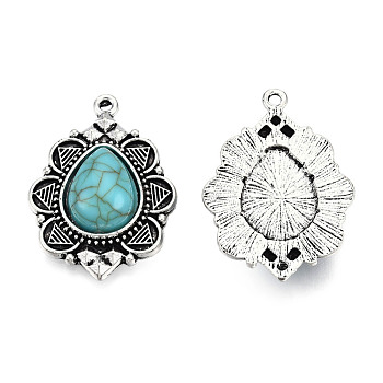 Tibetan Style Alloy Pendants, with Synthetic Turquoise, Cadmium Free & Lead Free, Teardrop, Antique Silver, 35x25x6mm, Hole: 1.8mm