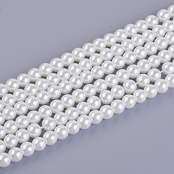 Eco-Friendly Dyed Glass Pearl Round Bead Strands, Cotton Cord Threaded, White, 6mm, Hole: 1.2~1.5mm, about 72pcs/strand, 15 inch