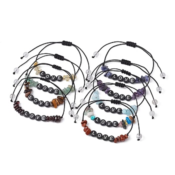 Natural Gemstone Braided Bead Bracelets, Word Love Acrylic Bead Adjustable Bracelets for Women, Inner Diameter: 5/8~3-1/4 inch(1.7~8.2cm), 9pcs/set.