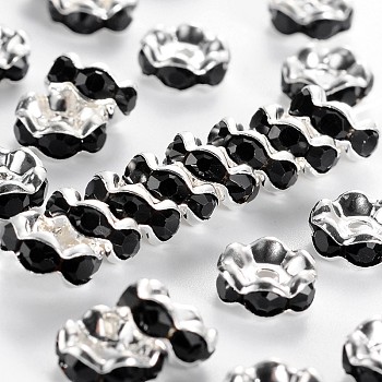Brass Rhinestone Spacer Beads, Grade A, Black, Silver Color Plated, Nickel Free, Size: about 8mm in diameter, 3.8mm thick, hole: 1.5mm