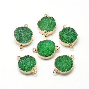 Natural Druzy Agate Links connectors, with Brass Findings, Dyed, Flat Round, Sea Green, 29x20x9~13mm, Hole: 2mm