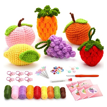 6 Style Fruit Yarn Knitting Beginner Kit, including Instruction, Plastic Locking Stitch Marker & Eye & Crochet Hooks, Yarn Needle, Yarns, Keychain Clasp, Mixed Color
